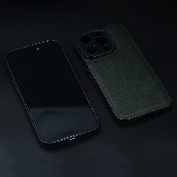 Кожен калъф за iPhone 14 Pro Max зелен отпред и отзад
