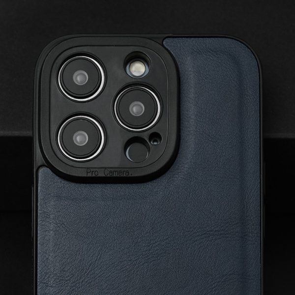 Кожен калъф за iPhone 14 Pro Max син камера