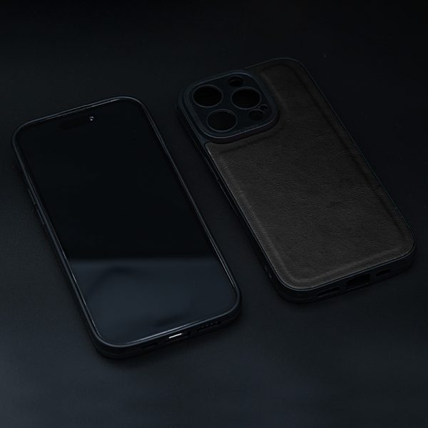 Кожен калъф за iPhone 14 Pro Max черен отпред и отзад