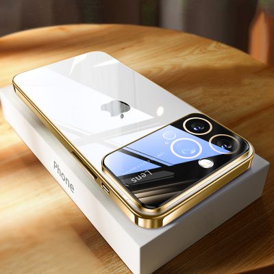 Луксозен прозрачен калъф за iPhone 15 Pro Max с пълна защита на камерата златен