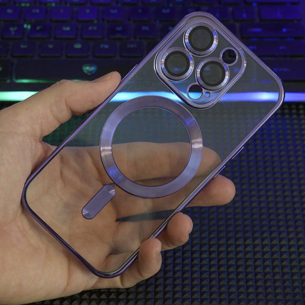 Прозрачен силиконов калъф за iPhone 15 Pro Max лилав изглед с камера