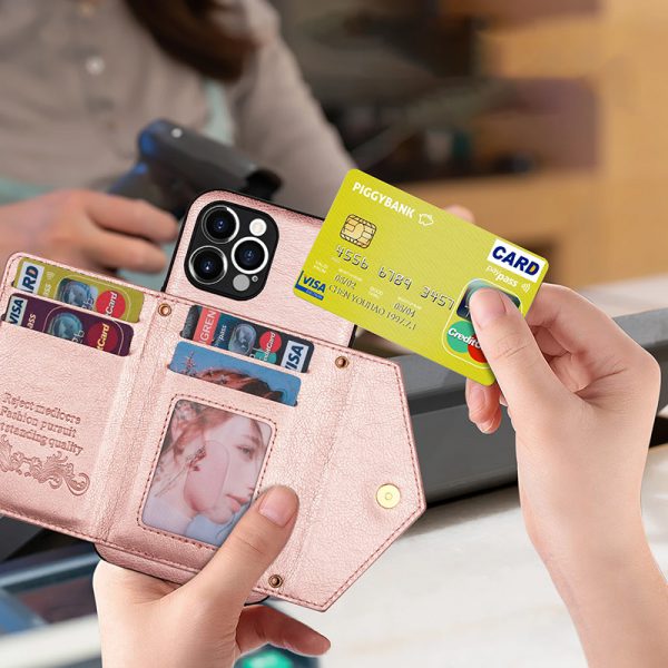 Калъф с портфейл за iPhone 15 Pro Max розов кредитни карти