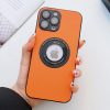 Кожен калъф за iPhone 15 Pro Max със защита на камерата отзад оранжев