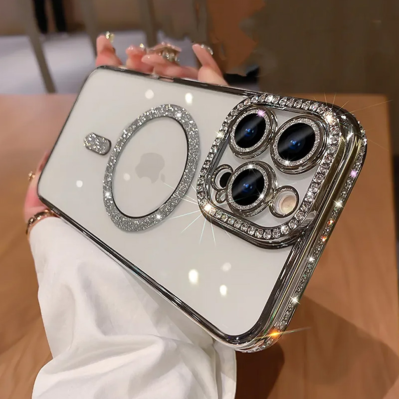Луксозен калъф с кристали за iPhone 14 Pro Max с magsafe сребърен