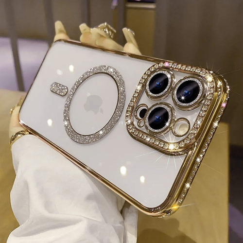 Луксозен калъф с кристали за iPhone 14 с magsafe златен