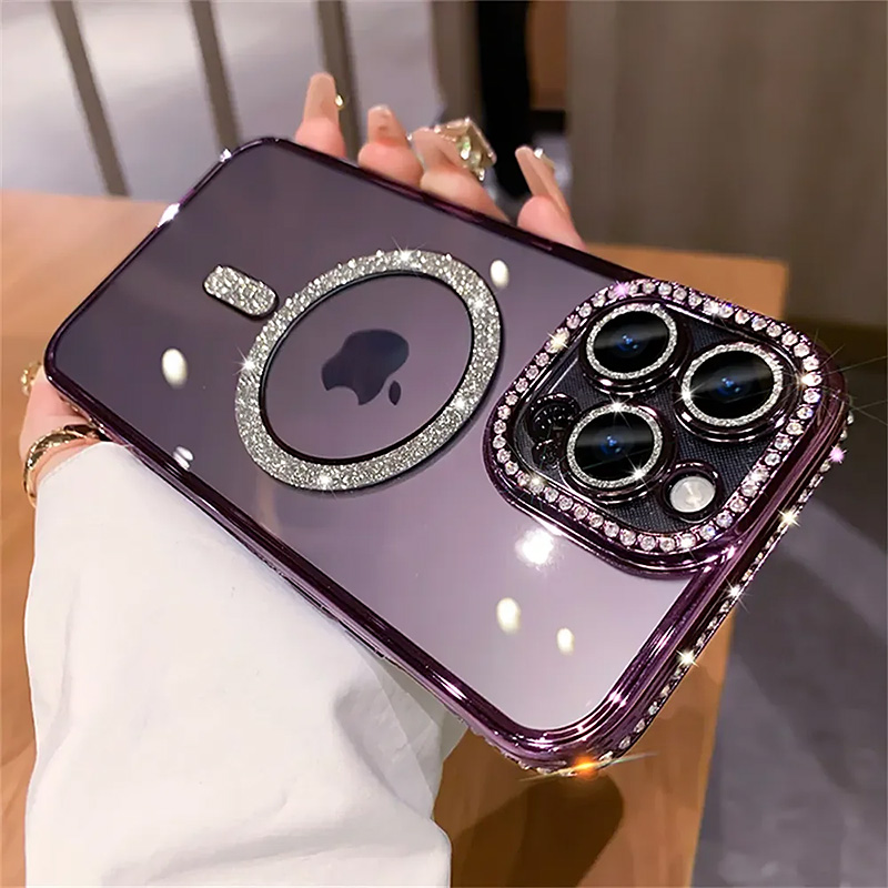 Луксозен калъф с кристали за iPhone 15 с magsafe лилав