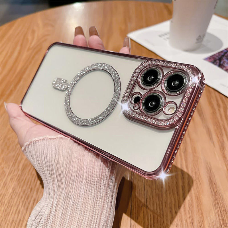 Луксозен калъф с кристали за iPhone 14 Pro Max с magsafe розов