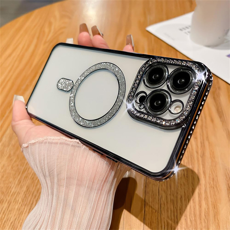 Луксозен калъф с кристали за iPhone 15 Pro Max с magsafe черен
