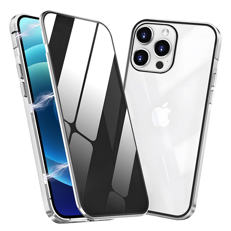 Магнитен стъклен калъф за iPhone 12 Pro Max сребърен