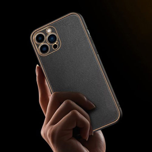 Луксозен кожен калъф за iPhone 14 Pro черен камера гръб