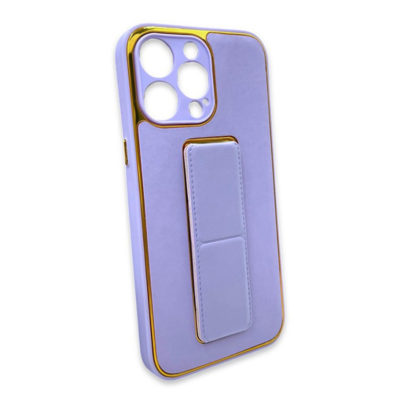 Луксозен кожен калъф със стойка за iPhone 14 Pro лилав