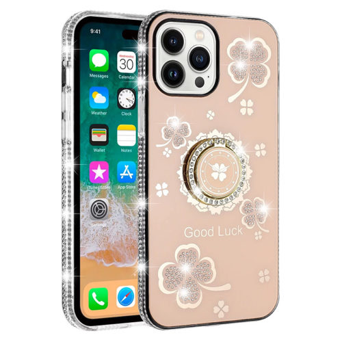 Луксозен лъскав калъф с кристали за iPhone 16 Pro розов гръб