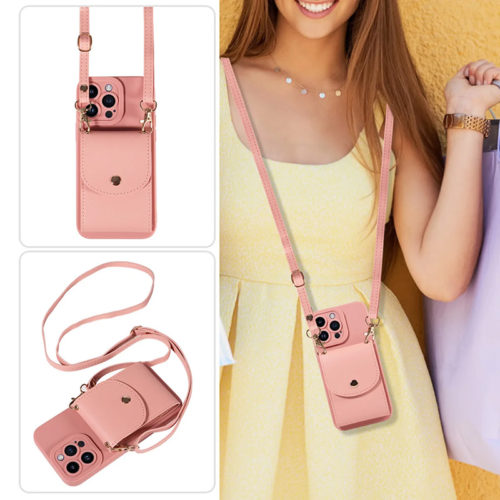 Луксозен калъф с портфейл за iPhone 14 розов презрамка