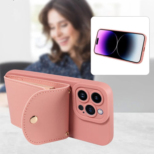 Луксозен калъф с портфейл за iPhone 14 розов стойка