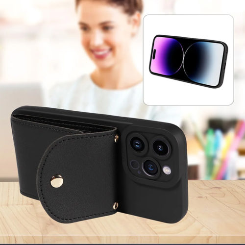 Луксозен калъф с портфейл за iPhone 14 черен стойка