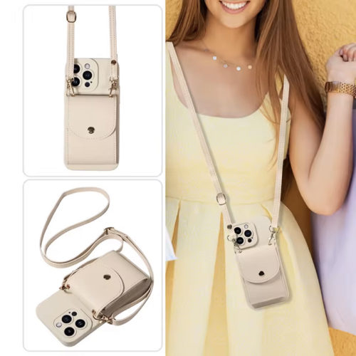 Луксозен калъф с портфейл за iPhone 15 Pro Max бял презрамка