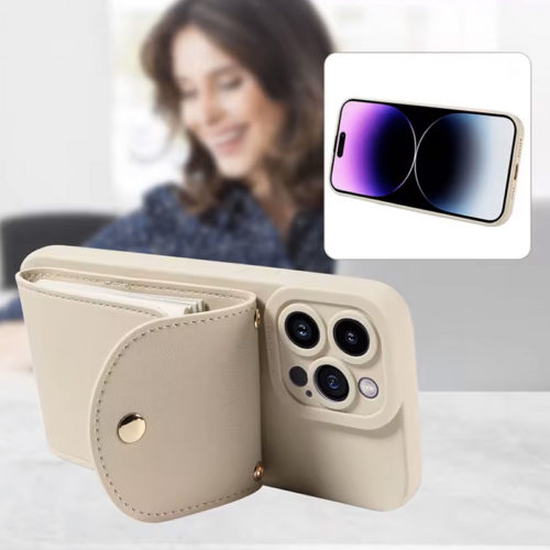 Луксозен калъф с портфейл за iPhone 15 бял стойка