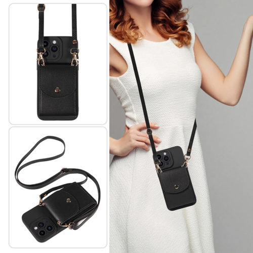 Луксозен калъф с портфейл за iPhone 16 Pro черен презрамка