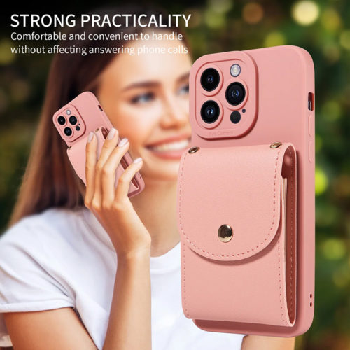 Луксозен калъф с портфейл за iPhone 13 Pro розов удобство