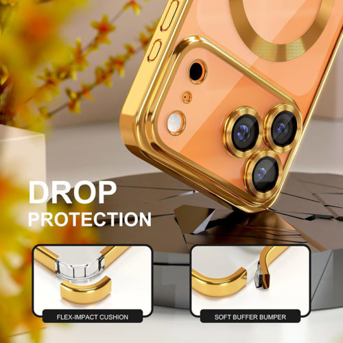 Луксозен прозрачен калъф за iPhone 17 Pro Max златен защита от удари