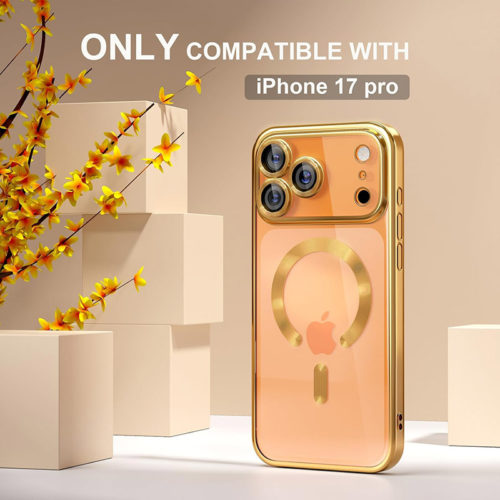 Луксозен прозрачен калъф за iPhone 17 Pro Max златен красив