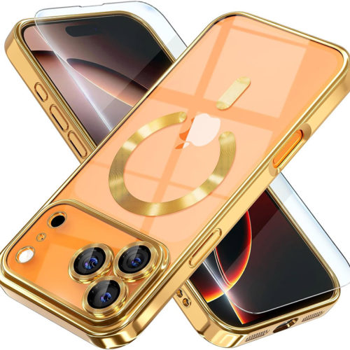 Луксозен прозрачен калъф за iPhone 17 Pro Max златен телефони