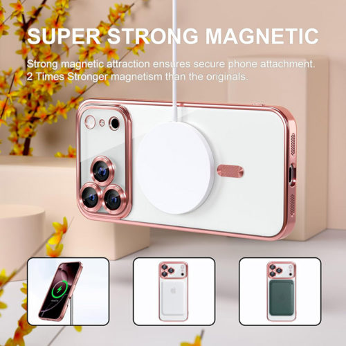 Луксозен прозрачен калъф за iPhone 17 Pro Max розов безжично зареждане