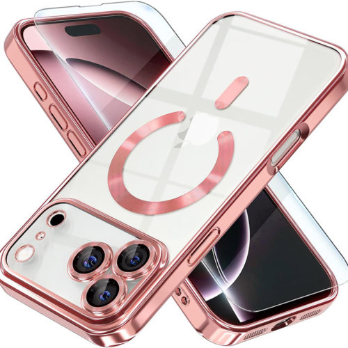 Луксозен прозрачен калъф за iPhone 17 Pro Max розов телефони