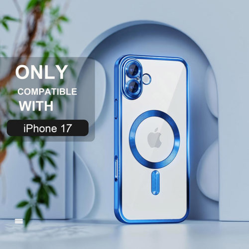 Луксозен прозрачен калъф за iPhone 17 Pro Max син красив