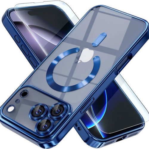 Луксозен прозрачен калъф за iPhone 17 Pro Max син телефони