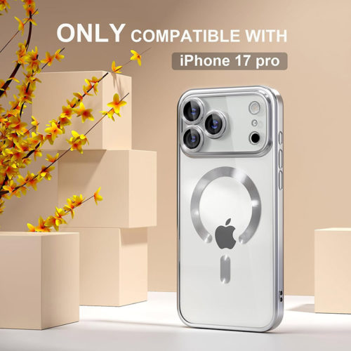 Луксозен прозрачен калъф за iPhone 17 Pro Max сребърен красив