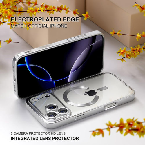 Луксозен прозрачен калъф за iPhone 17 Pro Max сребърен метализирани ръбове