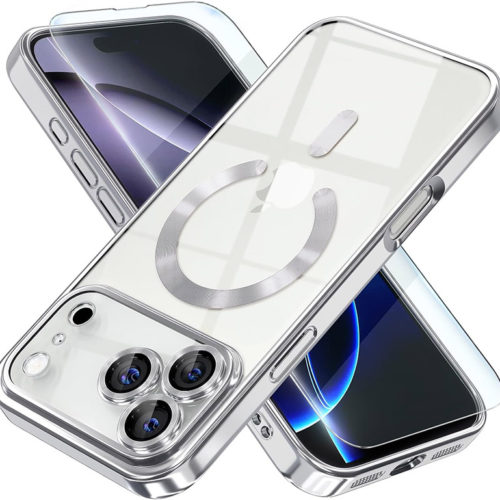 Луксозен прозрачен калъф за iPhone 17 Pro Max сребърен телефони