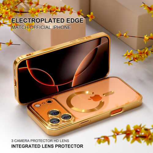 Луксозен прозрачен калъф за iPhone 17 Pro златен метализирани ръбове