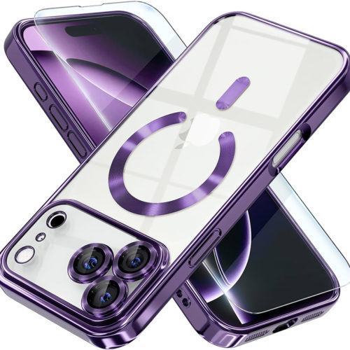 Луксозен прозрачен калъф за iPhone 17 Pro лилав телефони