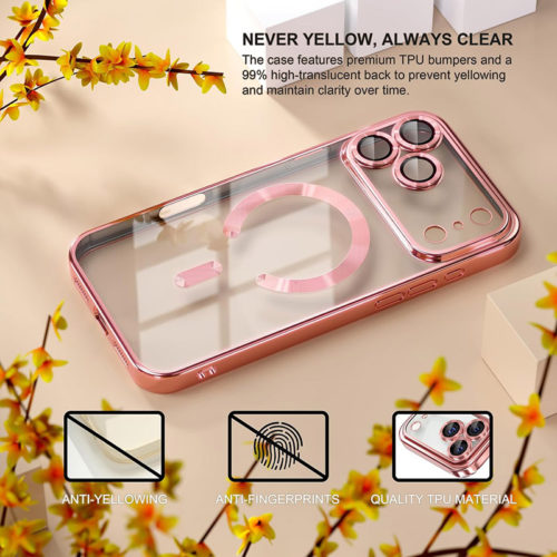 Луксозен прозрачен калъф за iPhone 17 Pro розов качествен