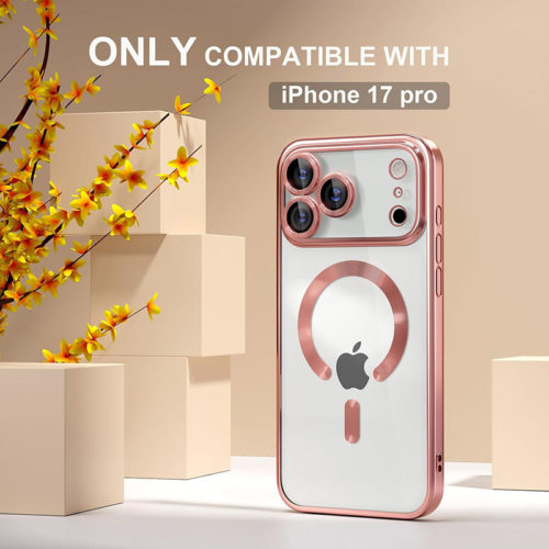 Луксозен прозрачен калъф за iPhone 17 Pro розов красив