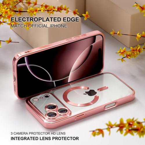 Луксозен прозрачен калъф за iPhone 17 Pro розов метализирани ръбове