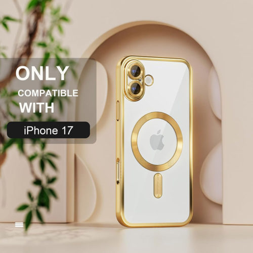 Луксозен прозрачен калъф за iPhone 17 златен красив