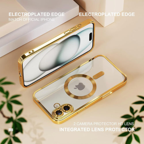 Луксозен прозрачен калъф за iPhone 17 златен метализирани ръбове