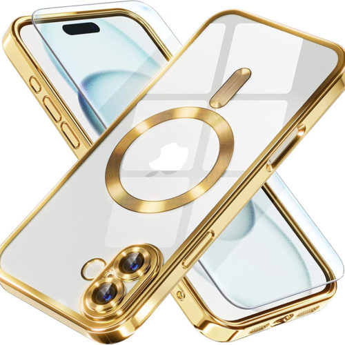 Луксозен прозрачен калъф за iPhone 17 златен телефони