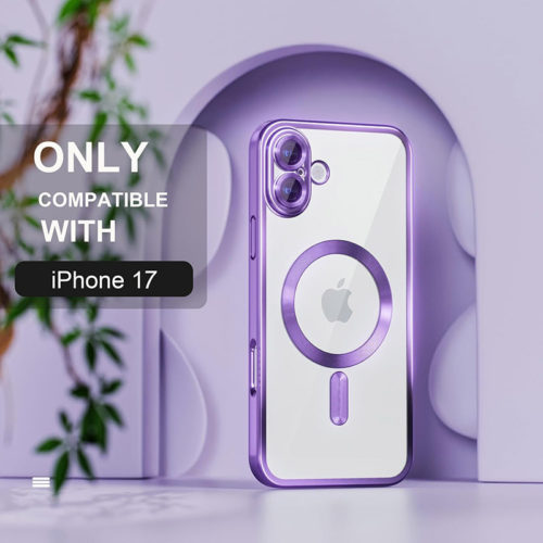 Луксозен прозрачен калъф за iPhone 17 лилав красив