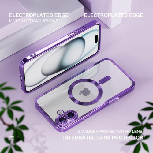 Луксозен прозрачен калъф за iPhone 17 лилав метализирани ръбове