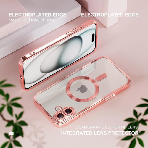 Луксозен прозрачен калъф за iPhone 17 розов метализирани ръбове