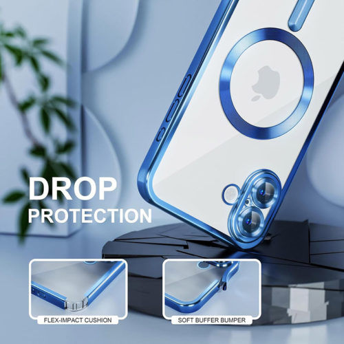 Луксозен прозрачен калъф за iPhone 17 син защита от удари