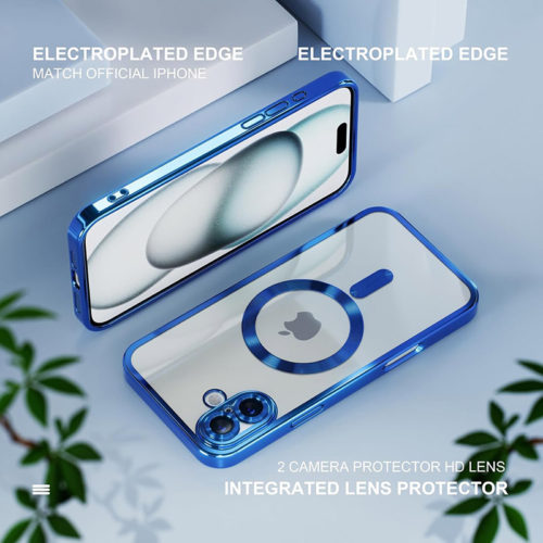 Луксозен прозрачен калъф за iPhone 17 син метализирани ръбове