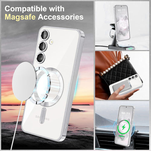 Луксозен калъф с Magsafe за Samsung Galaxy S25 Plus сребърен безжично зареждане