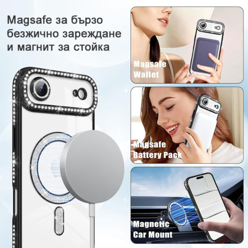 Луксозен калъф с кристали за iPhone 17 Air черен Magsafe