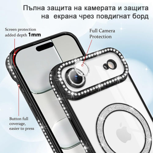 Луксозен калъф с кристали за iPhone 17 Air черен защита на камерата