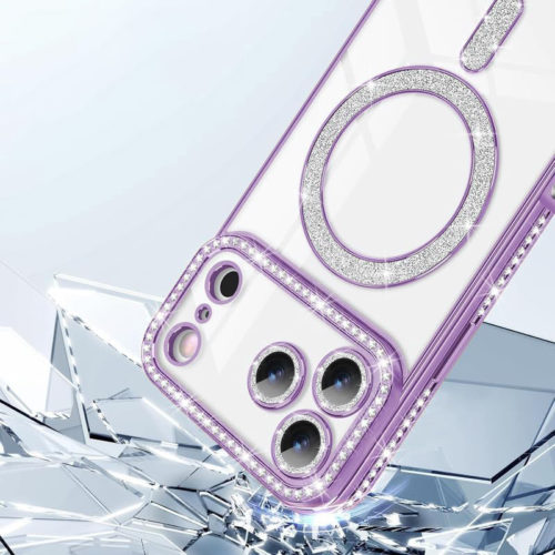 Луксозен калъф с кристали за iPhone 17 Pro Max лилав пълна защита